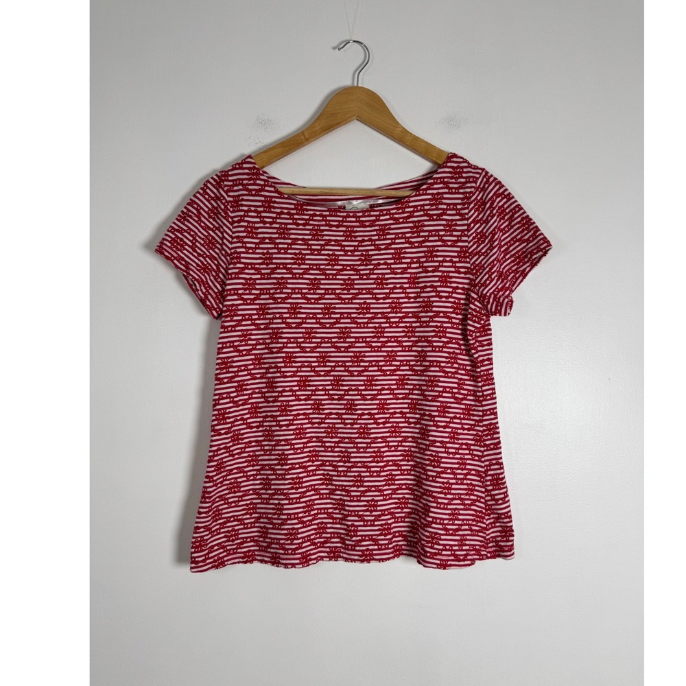 Preppy Anthropologie Women S Top Red White Striped Floral Eyelet Short Sleeve